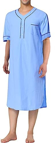 MIOTEQ Chemise de Nuit pour Hommes à Manches Courtes Coton Chemise de Nuit Lâche Chemise de Nuit Confortable Chemise de Nuit Douce Manteau de Maison S-XXXL,Light Blue,XL