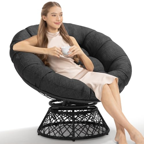 Bme 40 Ergonomic Wicker Papasan Chair with Soft Thick Cushion & Frame, 360° Swivel & Circle, Reading, Comfy Chair for Living Room, Bedroom, Onyx Stone - Black Base