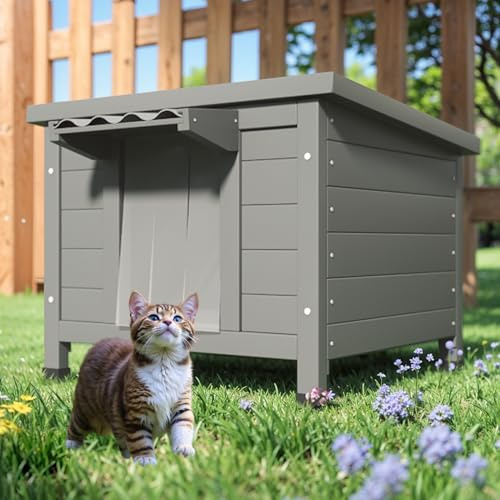 TIMHAKA Outdoor Cat House Weatherproof, Large Feral Cat Shelter with Raised Floor, Sloped Roof & PVC Door Flaps, Wooden Outdoor Cat Enclosure for Feral Cats, 21.3 L x 19.9 W x 18.9 H, Grey