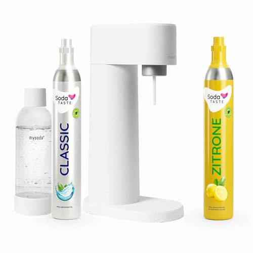Sparpaket: Mysoda Woody - Wassersprudler aus erneuerbarem Holzkomposit mit 1L BPA-freier Plastikflasche, CO2-Zylinder Classic + CO2-Zylinder Zitrone (Weiß)