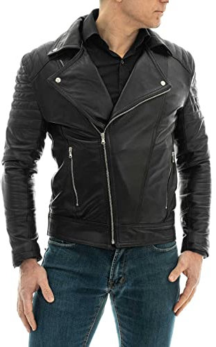 Chiodo Biker In Vera Pelle Marrone Uomo Slim Linee Spalle Braccia Rindway, XXXL, Fodera (Primavera-Estate), Nero