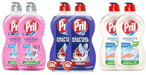 PRIL-Set Kraftgel 2x Power & Perlen Granatapfel & Orangenblüte & 2x Ultra Plus & 2x Sensitive Aloe Vera, Handgeschirrspülmittel-Set mit hoher Fettlösekraft, 6x 450ml