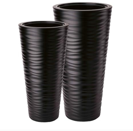 MELTOM Blumenkübel Welle Slim Rund Einsatz Pflanzgefäß 3D Effekt Wellen Set 2: XXL 3XL Schwarz (Schwarz)