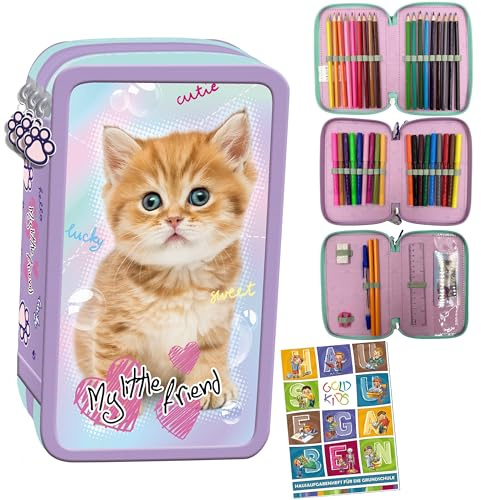 Goldkids - Federmäppchen 3 Fächer - Mäppchen für Mädchen - Federmappe 3-Fach Federtasche Gefüllte Schüleretui 43-teilig - Schulmäppchen und Hausaufgabenheft - Motiv - Katze