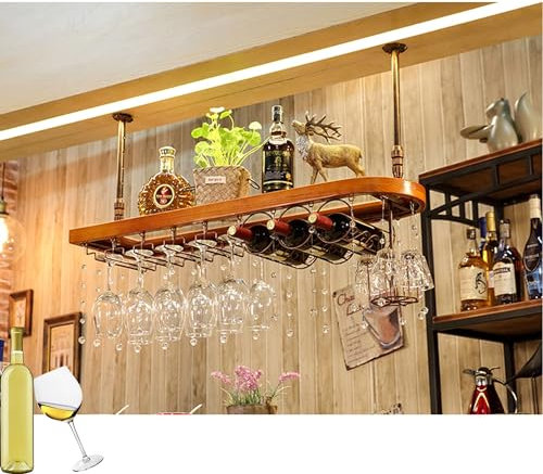 Weinregal Wand Flaschenregal Schmal Wine Rack Bar Regal Wand Barschrank Minibar Vitrine Hängend Weinschrank Holzregal Mini Bar Weinflaschenhalter Getränkeregal mit Weinglashalter(Color:Chestnut color,