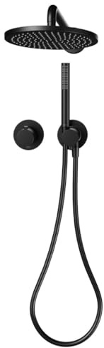KEUCO IXMO Duschsystem mit Thermostat, Hand- & Kopfbrause, rund, schwarz | Made in Germany, mit Brauseschlauch und Umstellventil, inkl. Unterputz-Grundkörper und Befestigungsmaterial
