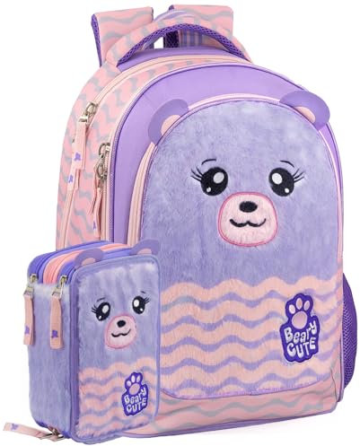 Clondo Schoolpack Julian Ross Teddy Bear Fluffy Peluche Zaino Scuola Elementare Con Astuccio 3 Scomparti Riempito Bambina, Regalo, Multizip