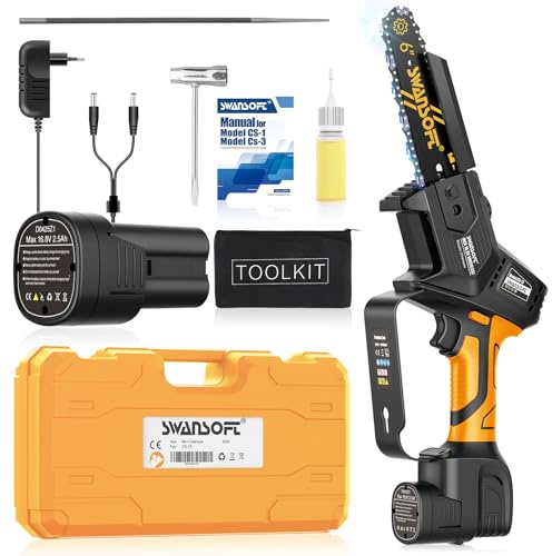 SWANSOFT Sierra de cadena inalámbrica de 12 cm,SWANSOFT Mini Motosierra a Batería Profesional, 6'' 16,8V 2,5Ah 500W de Mano con Bloqueo de Seguridad y Sistema de Engrase Automático