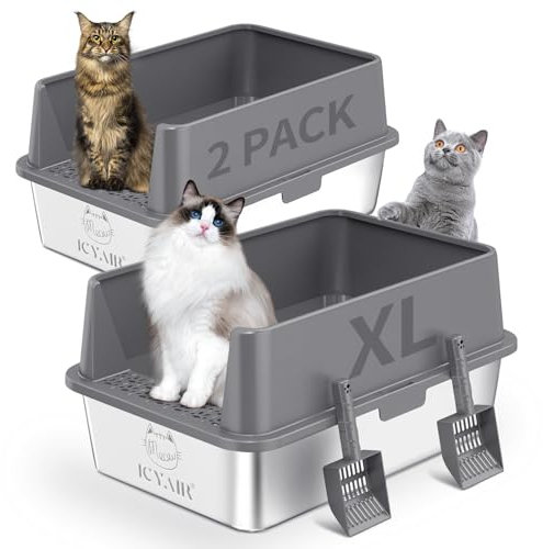 2PACK Stainless Steel Cat Litter Box with High Sides Lid, Extra Large XL Litter Box for Big Cats, Metal Kitty Litter Boxes with Anti-Leakage Enclosure,Non-Stick,Odorless,Scoop Included