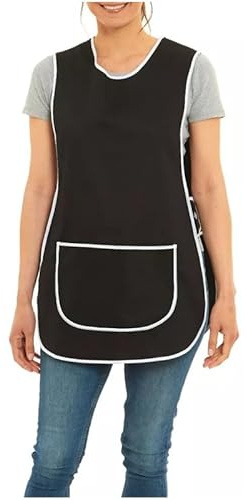 Womens Tabard Ladies Tabbard Home Work Kitchen Cleaning Chef Catering Cleaners Barbar Workwear Poly Cotton Overall White Piping Edge Apron Large Pocket Side Button Fastening