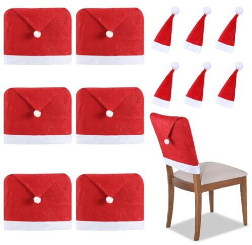 YXHZVON 6 Stuhlhussen für Weihnachten +6 Mini Mütze,Weihnachten Stuhlhussen Stuhl Weihnachtshusse Husse rot Weihnachten Überzieher zur Deko Dekoration Stuhlhussen Weihnachten Set