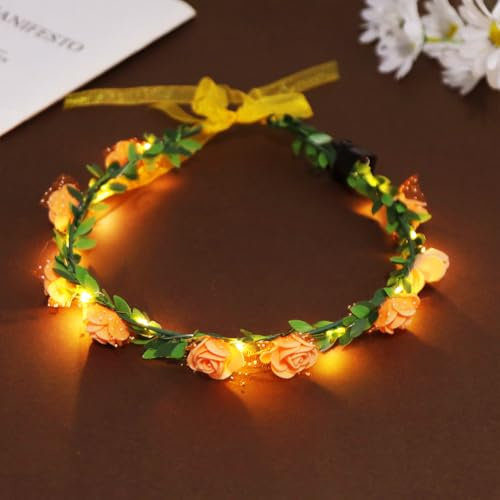 Couronne Fleur Cheveux, Serre Tete Lumineux, Bandeau Fleurs Cheveux Femme, Accessoire Cheveux Mariage, Couronne de Fleurs Lumineuse LED pour Mariage, Evjf, Anniversaire, Fête Plage, Communion (Orange)