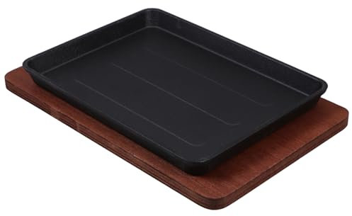 COLLBATH Cast Iron Square Griddle Plate Steak Skillet Pan Induction Griddle Non-Stick Fajita Skillet Wooden Base Cooking Plate