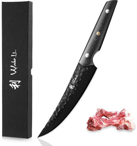 Wakoli Yugen fileteringskniv 15 cm – full tang kökskniv av 5Cr15MoV rostfritt stål med svart titanbeläggning och G10-handtag, professionell urbeningskniv för fisk, kött och fjäderfä i