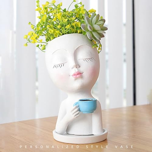 Luyi-Life Maceta de cabeza de café para plantas suculentas/cactus, bonita maceta de resina para interiores y exteriores con agujero de drenaje, maceta de flores para decoración del hogar, oficina,