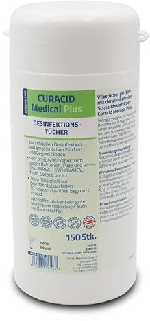 Curacid Medical Plus Desinfektionstücher alkoholfrei, 150 Tücher | Alkoholfreie Flächendesinfektion, 1 Minute Einwirkzeit, extra stabil & saugfähig, stark gegen Viren (begrenzt viruzid)