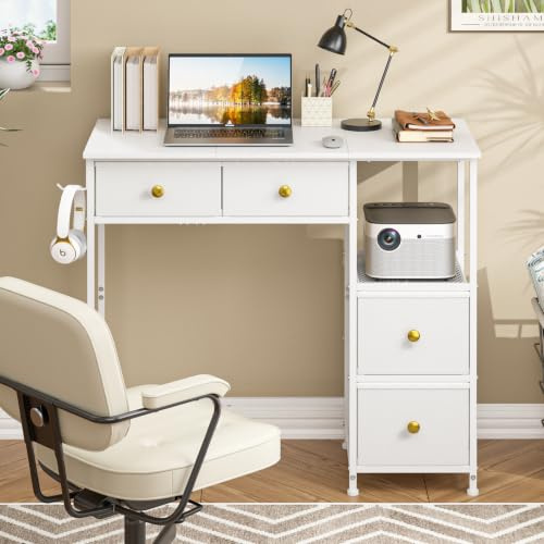 3IngSeagulls Small Computer Desk with 4 Fabric Drawers, Simple Writing Desk for Home Office, Compact Study Desks for Small Spaces, Kids Desk Study for Bedroom, White