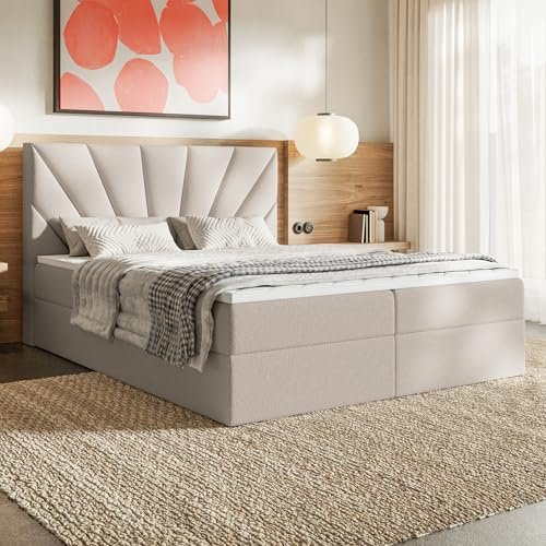 MOTIVENA Aspen Boxspringbett 180x200 mit Bettkasten und Topper, Polsterbett 180x200 mit Bettkasten, Bonellfederkern-Matratze (H4), T28 Komfortschaumstoff Topper (H3), Boucle, Beige