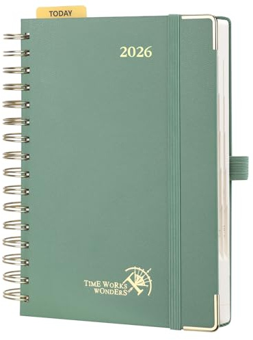POPRUN Kalender 2026 Tagesplaner 21,5 x 14,5 cm, Tageskalender A5 1 Tag 1 Seite (Montag - Sonntag), Terminplaner (Jan.2026-Dez.2026) Ringbuch mit Hardcover, Plastiklineal - Mitternachtsgrün