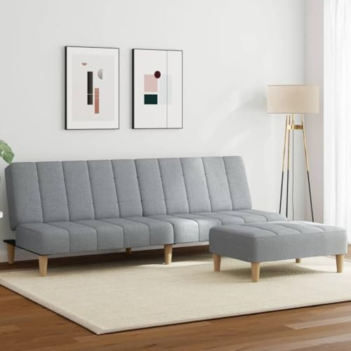 Homgoday Schlafsofa 2-Sitzer mit Fußhocker Klappsofa Bettcouch Loungesofa Bettsofa Sitzsofa Sofa Couch Sitzmöbel für Wohnzimmer Hellgrau Stoff