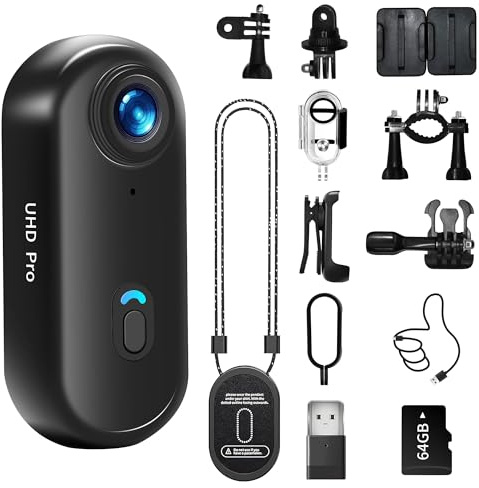 Asdanalili 4K Action Camera, 64GB Wearable Sports Camera with Waterproof Case, Magnetic Clip, and Quick-Mount Accessories, Small Body Cam for Cycling, Diving, Travel, and Outdoor Adventures（4K-64G）