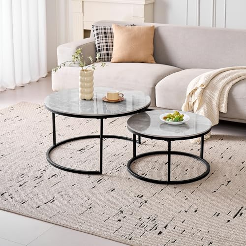 GrandCA HOME 2er-Set Runder Couchtische, Moderne Satztische fürs Wohnzimmer, Schwarzer Metallrahmen, 50 cm und 70 cm Große Beistelltische, aus Grauem Marmor und Sinterstein