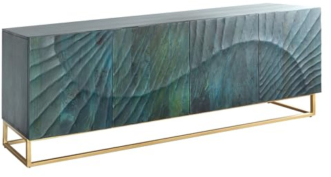 Sideboard SCORPION - 180cm - gold türkis - Mangoholz Metall mit Stauraum | Soft Close, handgefertigtes Unikat, montiert geliefert, Metallgestell, stabiles Gestell, modernes Design