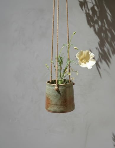 Vayu Earth Handmade Rustic Jade Clay Hanging Planter – Eco-Friendly Indoor and Outdoor Hanging Pot for Plants, Sustainable Home Décor, Space-Saving Vertical Garden Design 10 x 10 x 11cm / Olive