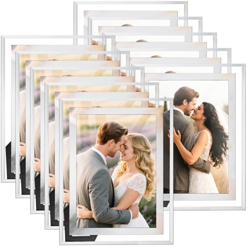 WRINGKIT Set of 10 Silver Glass Picture Frame 5x7, Mirrored Photo Frames Bulk, Tabletop Desk Frame with Thin Border, Display Vertically or Horizontally, Clear Wedding Picture Frame for Gifts, Decor