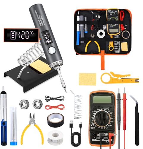 19 in 1 Cordless Soldering Iron Kit, LED Electric Soldering Iron Set with Temperature Adjustable 200℃-450℃, USB Rechargeable Soldering Kit with Digital Multimeter, Desoldering Pump, Wire Stripper