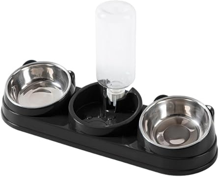Fzaqwen Comedero Triple para Gatos con Bebedero Automático, Comederos Húmedos Y Secos, Set de Comida Y Agua para Conejos Y Hámsteres, Negro