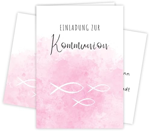 møij 12x Einladungskarten zur Kommunion Rosa | inkl. passender Umschläge, DIN A6 Klappkarten, stabiler Karton, zum Ausfüllen