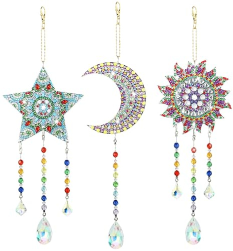 Naler 3Pcs Suncatcher Diamond Art Craft Kits for Kids, 5D Double-Sided Crystal Window Art with Wind Chime Pendants, Creative DIY Arts and Crafts Gift for 6 7 8 9 10-12 Year Old Girls Boys