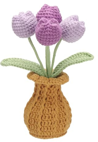 YELARXI Crochet Flowers, Tulip Artificial Flowers Cute Little Potted Handmade Knitted Plants - Fitting for (Birthday Graduation Gifts - Home Office - Women) 4 Flowers & Gradient Purple