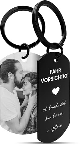 Meinearmbänder® Personalisierter Schlüsselanhänger mit Foto & Gravur „Fahr vorsichtig“ – Edelstahl Anhänger, Auto Glücksbringer, Geschenkidee für Männer & Väter