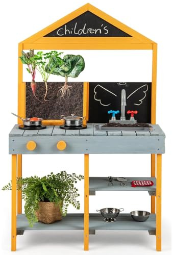 Maxmass Kids Mud Kitchen, Outdoor Wooden Children Play Kitchens with See-Through Planter Box, 2 Chalkboard, Sink, Faucet, Garden Toddler Toy Kitchen Cooking Playset for 3+ Years Old (Blue+Yellow)