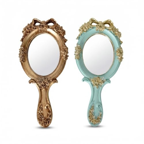 Zimoer Handspiegel mit Griff Vintage, 2 Stück Oval Schminkspiegel Handspiegel Geprägte Rose, Harz Kosmetikspiegel mit Griff Tragbar für Make up Friseur Zuhause Reisen (Grün, Gold)