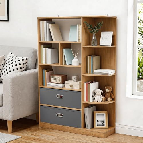 YITAHOME Freistehend Freistehendes Bücherregal mit 8 offenen Regalböden und 2 Schubladen (Stoffbezug) für Wohnzimmer, Schlafzimmer, Büro, Eichenfarbe, 80 × 24 × 115 cm (B × T × H)