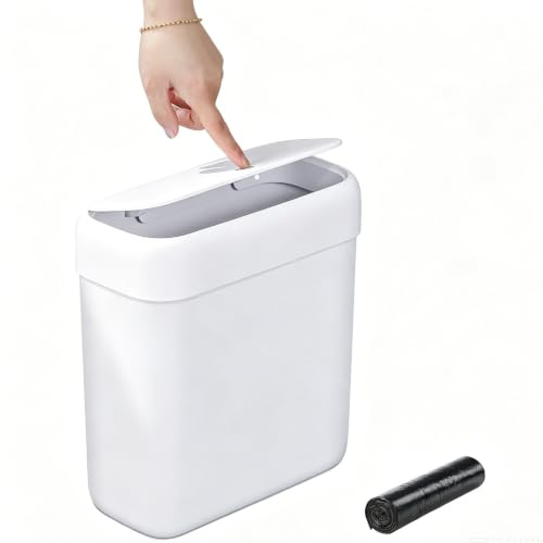 funest Mülleimer Bad mit Deckel, 8,5L Schmaler Badmülleimer Weiß, Kleiner Mülleimer mit Druckknopf-Deckel, Abfalleimer Badezimmer für WC, Küche, Schlafzimmer, Wohnmobil und Büro