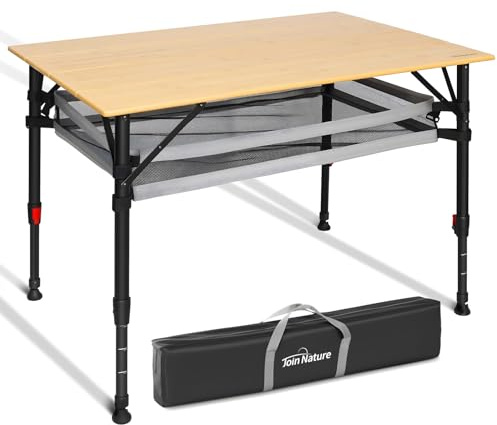 Campingtisch Klappbar Bambus 100 x 65 cm Stufenlos Höhenverstellbar 47–65cm | Big 100 kg, Aluminiumgestell mit Tragetasche & Ablagenetz Stabiler Klapptisch für Garten, Camping, Picknick