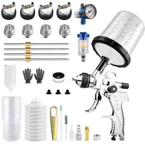 HVLP Lackeringspistol, sprutpistolsats med 4 munstycken, 1,4/1,7/2,0/2,5 mm & 10 x 650 ml, engångspensel, färgpistol lackeringspistol, tryckluft, för möbler, vägg, staket, dörrar, gör-det-själv