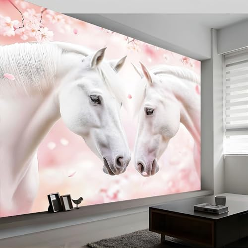 Animales Caballo Flores De Cerezo Fotomurales no Tejido Rosa, 200 x 140 cm Papel Pintado Decoración de Pared moderna, Murales póster efecto 3D, Decorativos Murales para Dormitorio Salón TV Pared