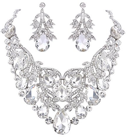 Clearine Schmuckset Party Braut Böhmisch Tropfen Kristall Blatt Aushöhlen Statement Halskette Dangle Ohrringe Set für Damen Klar Silber-Ton
