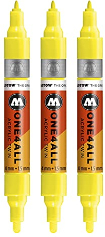 Molotow One4All Acrylic Twin Marker (Strichstärke 1,5 mm und 4 mm, hochdeckend und permanent) 3 Stück Farbe 220 neon gelb floureszierend