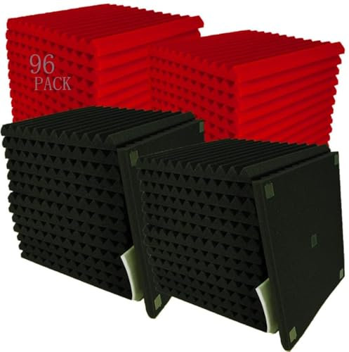 96 Pack Red/black Absorb the echo Acoustic Foam Panel Wedge Studio Soundproofing Wall Tiles 12 X 12 X 1…