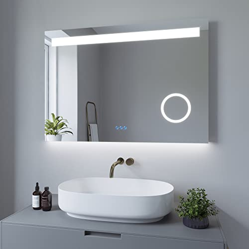 AQUABATOS Badspiegel mit Beleuchtung Eckig 100x70 cm Badezimmerspiegel Lichtspiegel LED indirekt Touch-Schalter Kaltweiß Warmweiß Dimmbar Antibeschlag Schminkspiegel für Lichtschalter
