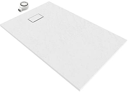 SMC BOREAL Duschwanne 140x90 cm, Extra Flache und Robuste Duschtasse 26MM aus Langlebigem Material Mit Anti-Rutsch-Oberfläche in Schieferoptik/Steinoptik, Inkl. Ablaufgarnitur Mit Deckel - Weiß