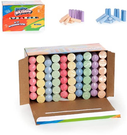 Smart-Planet Straßenkreide Set 60 Stück im Karton Straßenmalkreide - verschiedene bunte Farben zum Malen im Freien - abwaschbar - Kreide für Outdoor