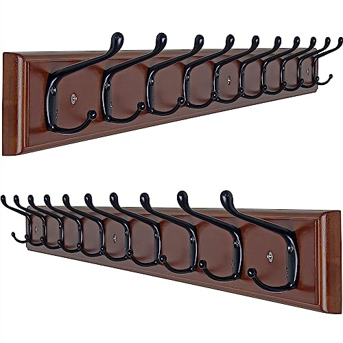 Dseap Coat Rack Wall Mounted with 10 Hooks, 97cm Long, Wood Coat Hooks Hanger Wall Mount, Hook Rack, Hook Rail, for Hanging Coats Hats Towels Jackets Clothes, Light Walnut, Pack of 2