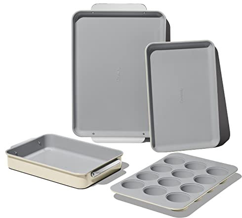 Caraway Nonstick Ceramic Bakeware Set (5 Pieces) - Baking Sheets, Assorted Baking Pans & Storage - Aluminized Steel Body - Non Toxic, PTFE & PFOA Free - Cream
